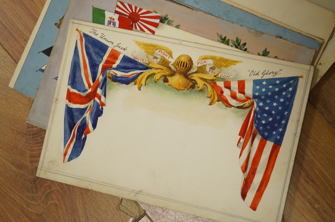 Charles Thomas Howard (1865–1942), nine original watercolours for patriotic postcard designs, WWI Flags of the Allied Nations, unframed, largest 14 x 23cm. Condition - fair